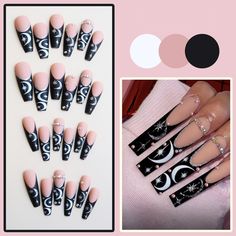 24pcs Rhinestone Black French False Nail Square Press on Nails for Nail Art Ballerina Flower, Royal Blue Shoes, Y2k Nails, Five Pointed Star, White Shoes Women, Chocolate Color, False Nail, Halloween Fashion