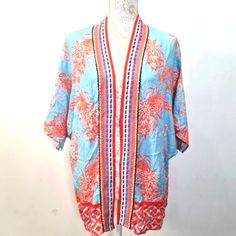 Anthropologie Bl-Nk Persephone Kimono Color Blue Orange Multi Womens One Size Open Front Short Kimono Sleeve Orange Floral Print On Blue Background Detail With Multi Color Thread Along Trim Relaxed Fit Boho Bohemien Style 100% Viscose Light Weight Fabric Dry Clean Imported Approximate Measurement Flat Lay Pit To Pit 24" But Flexible Bc Open Front Length 28" New With Tag No Noted Flaws Super Cute Msrp $108 Beach Boho Bohemien Contemporary Traditional Casual Festival Vacation Spring Summer Floral Red Stripes Top, Casual Festival, Velvet Sweatshirt, Orange Floral Print, Beach Boho, Short Kimono, Blue Tee, Patchwork Dress, Anthropologie Top