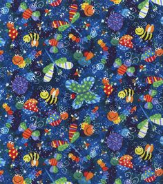 a blue background with lots of colorful bugs and flowers on it's sides, all in