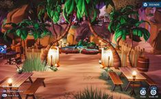 a screenshot of a tropical setting with palm trees and candles in the foreground