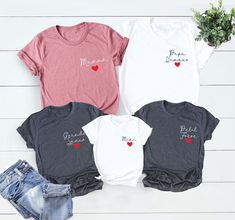 "Hi, Welcome to FashionxTee Matching T-shirt Family Heart, Mom and Baby Shirt, Dad and Me Shirt, Family Clothing, Family Time Matching Shirt, Custom Family Shirt Our soft and comfortable shirts are printed, pressed and shipped to you from our boutique. Enjoy your shopping!🛍️  ✔️Please make sure you check our size cards before you place your order. 📏 ✔️Please send me a message for all your questions and suggestions. It is my pleasure to assist you! **Group t-shirts are not sold as a set. They a Cute Crew Neck Top, Family Matching Short Sleeve Tops With Letter Print, Family Matching Tops With Letter Print And Short Sleeves, Cute Crew Neck Top For Family Occasions, Casual Tops With Heart Shape And Name Print, Casual Heart-shaped Top With Name Print, Pink Short Sleeve Tops For Family, Cute Short Sleeve Tops For Mother's Day, Short Sleeve Shirt With Heart Graphic For Mother's Day