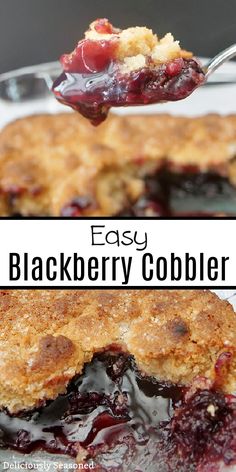 blueberry cobbler on a fork with the words easy blackberry cobbler above it