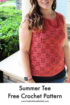 a woman wearing a red crochet top with text overlay that reads, summer tee free crochet pattern