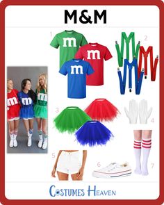 the costume guide for m & m's halloween costumes is shown in red, green, and blue