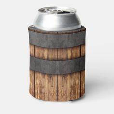 a wooden barrel with metal rims is shown in front of a white background