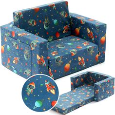 the space themed couch and chair is next to each other