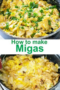 two pictures showing how to make migas with eggs and spinach in a skillet