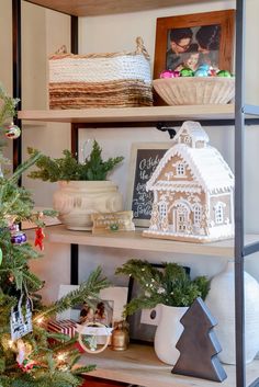 shelves with christmas decorations and other items on them