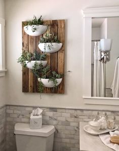 a white toilet sitting in a bathroom next to a wooden wall mounted potted plant