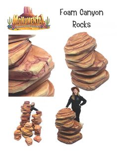 a woman standing in front of stacks of pancakes with the caption, foam canyon rocks