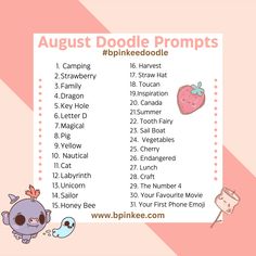 Time for a new prompt list! Let's see what this month will bring! Doodle Prompts, Fantasy Inspo, Gratitude Activities, Prompt List, Character Maker