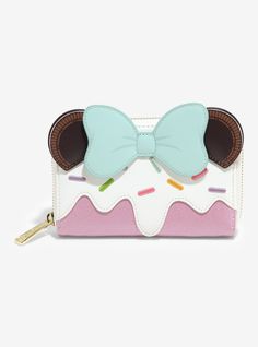 Sweeten up your Disney collection with this Minnie Mouse-inspired wallet! Featuring applique Minnie ears and a bow  the front of this wallet includes embroidered sprinkles on the glitter body  while the back shows off embroidered cone details. With four card slots and a clear ID sleeve  this wallet is perfect for your next dessert run.PolyurethaneApprox. 6 14" W x 4" HImported Loungefly Disney, Minnie Ears, Cartoon Tv, Zip Wallet, Disney Trips, New Bag, Sprinkles, Minnie Mouse, Ice Cream