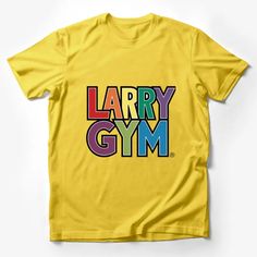 Larry Gym Colorful Retro Fitness Logo T-Shirt, Unisex Workout Tee, Vibrant Gym Wear Male T-Shirt Custom graphic T-Shirt.Customize your color Yellow Sports T-shirt With Logo Print, Sporty Yellow T-shirt With Sublimation Print, Yellow Tops With Screen Print For Sports, Yellow Sports T-shirt With Logo, Yellow Graphic Tee For Sports, Yellow Graphic Print Sports T-shirt, Yellow Cotton Workout Top, Sporty Multicolor Moisture-wicking T-shirt, Multicolor Short Sleeve Sports Tops