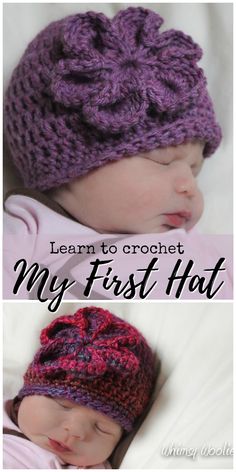 a baby wearing a crochet hat with the words learn to crochet my first hat