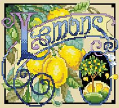 a cross stitch pattern with lemons and trees