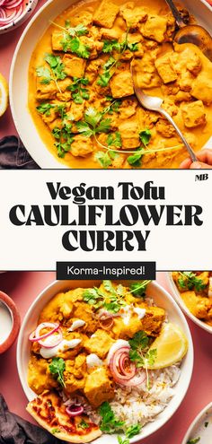 A comforting, Korma-inspired vegan curry with tofu and cauliflower in a creamy cashew sauce. Satisfying, nourishing, and just 10 ingredients! Tofu Cauliflower, Curry With Tofu, Korma Sauce, Cashew Curry, Low Fat Vegan Recipes, Tofu Curry, Quick Pickled Onions, Cashew Sauce, Vegan Tofu