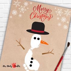 a christmas card with a snowman wearing a top hat and carrot in his hand