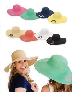 "With this mint color monogram floppy hat you will be right in fashion. I absolutely love this hat! Personalize your hat by choosing your initial/initials, font and thread color. In with the pictures you will find a chart with the font and thread color choices. This women's hat measures 22\" around the head - fitting most everyone. It is made of polyester/paper braid to allow breathing. Our floppy hats are great for at the beach, boating, festivals, outdoor concerts, vacation, bridesmaids and mo Bridesmaids Spring, Black Floppy Hat, Preppy Monogram, Floppy Beach Hat, Monogram Hats, Ninja Turtle Birthday, Floppy Hats, Floppy Sun Hats, Personalized Hats