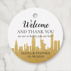 a white and gold cityscape with the words welcome and thank you are so happy you are here