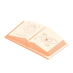 an open book with drawings on the front and back pages in orange, white and black