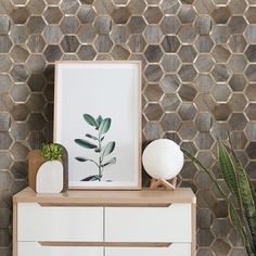 a white dresser with some plants on top of it and a picture frame in front of it