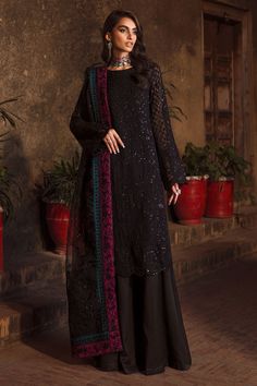 Classic Dark Black Embroidered Chiffon Pakistani Salwar Kameez Pakistani Accessories, Black Salwar Kameez, Latest Designer Dresses, Pakistani Salwar, Raw Silk Fabric, Pakistani Salwar Kameez, Chic Vibes, Eid Dresses, Chiffon Collection