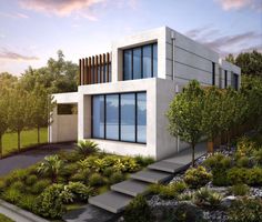 an artist's rendering of a modern house with trees and bushes in front of it