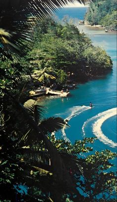 a boat traveling through the water near some trees