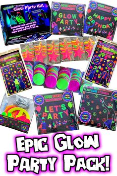 glow in the dark party pack black light party supplies Glow In Dark Birthday Party Ideas, Edm Party Decorations, Glow Party For Adults, Neon Glow Party Ideas Decoration, 80s Neon Party Decoration, Black Light Glow Party, Uv Party Decorations, Party Ideas Glow In The Dark, Sweet 16 Glow Party Ideas