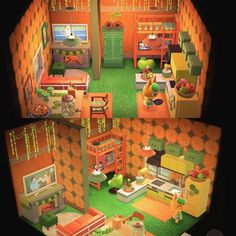 an aerial view of a kitchen and living room in the game animal crossing, which is designed to look like a dollhouse