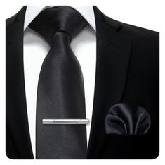 Solid Tie Handkerchief Clip - BLACK Black Suit And Tie Accessories With Pocket Square, Classic Black Neckwear For Gift, Classic Black Neckwear Gift, Classic Black Neckwear As A Gift, Elegant Black Handkerchiefs For Business, Black Fitted Tie With Pocket Square, Black Tie And Pocket Square Set, Classic Black Pocket Square, Black Tie With Pocket Square For Black-tie Events