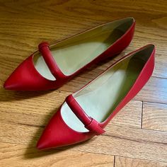 Formal Pointed Toe Flats With Red Sole, Red Leather Evening Flats, Red Leather Flats For Evening, Red Low Heel Flats For Office, Elegant Red Low Heel Flats, Red Leather Flats With Pointed Toe, Red Round Toe Flats For Evening, Red Low Heel Flats For Work, Pointed Toe Red Flats For Work