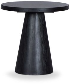 a round table with black wood grained finish on the top and bottom, viewed from the front