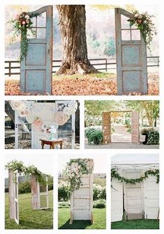 an outdoor ceremony with wooden doors and greenery