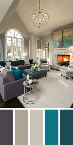 a living room filled with furniture and a fire place in the middle of the room