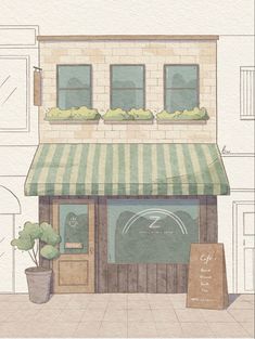 a drawing of a store front with a green awning and potted plants outside