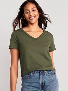 Our EveryWear T-shirts are super-soft, with a comfortable, relaxed fit.  Wear 'em with everything ✔️ Rib-neck V-neck.  Short sleeves.  Cloud-washed 100% cotton-jersey.  #544320 Relaxed fit through body.  Women's EveryWear T-shirt hits below the w Casual Green V-neck Short Sleeve Top, Casual Everyday V-neck Top With Short Sleeves, Casual Cotton V-neck Top, Relaxed Fit V-neck Top With Short Sleeves, Green Relaxed Fit V-neck Top Casual, Casual Green V-neck Top With Relaxed Fit, Green Relaxed Fit V-neck T-shirt, Casual Short Sleeve Cotton V-neck Top, Casual Cotton Short Sleeve V-neck Top