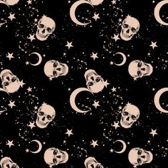 skulls and crescents with stars in the sky on a black background seamless pattern