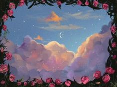 a painting of pink roses and clouds with a crescent moon in the sky above them