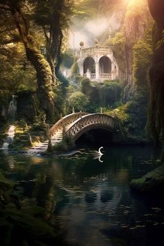 a bridge over a river surrounded by lush green trees and water with swans floating on it