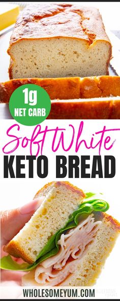 two photos with the words soft white keto bread on them and an image of a sandwich cut in half