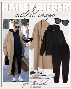 Hailey Bieber outfits black hoodie sweatshirt black sweatpants tan brown button up long coat with Nike sneakers Sneakers Outfit Winter Chic, Hoodie Long Coat Outfit, Oversize Black Hoodie Outfit, Black Hoodie With Jean Jacket Outfit, Casual Winter Outfits Tennis Shoes, Wool Joggers Outfit, Hoodie With Long Coat, Mango Wool Coat, Black Sweats Outfit Winter