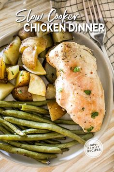 This Slow Cooker Chicken & Potatoes recipe could not be easier! With just 6 ingredients and only 10 minutes prep, this simple recipe for Crock Pot chicken makes an easy family meal in the slow cooker while you’re going about your day. With chicken breasts, potatoes, green beans, onion, and Italian seasoning, this chicken and potatoes recipe is so full of flavor.