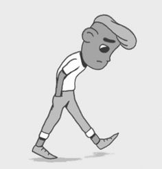 a cartoon character walking with his head down