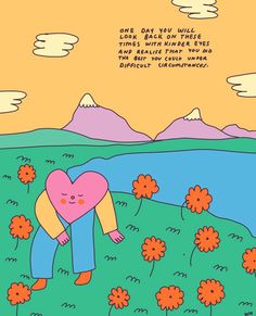 a cartoon character holding a heart in the middle of a field with flowers on it