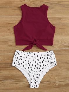 knot front top with dot high waist bikini set - WINE RED TOP WHITE WITH BLACK DOT BOTTOM Knot Front Top, Earn Online, Music Producers, Cute Bathing Suits, Cute Swimsuits, High Waist Bottoms, Swimwear Girls, Black Bottoms, Size Pattern