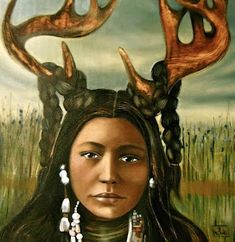 a painting of a woman with deer antlers on her head