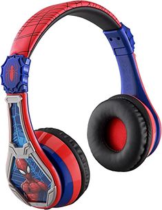 the spiderman headphones are red and blue