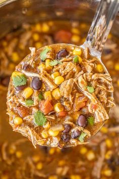 a spoon full of mexican chicken soup with corn and cilantro