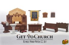 an image of a church set with benches and pews in the front, on a white background that says get to church 16 free men's match cc set